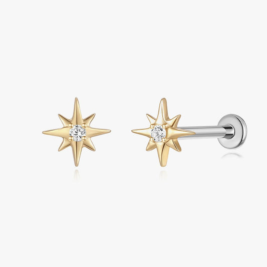14K Solid Yellow Gold Starburst Gem Flat Back Stud & Titanium Post