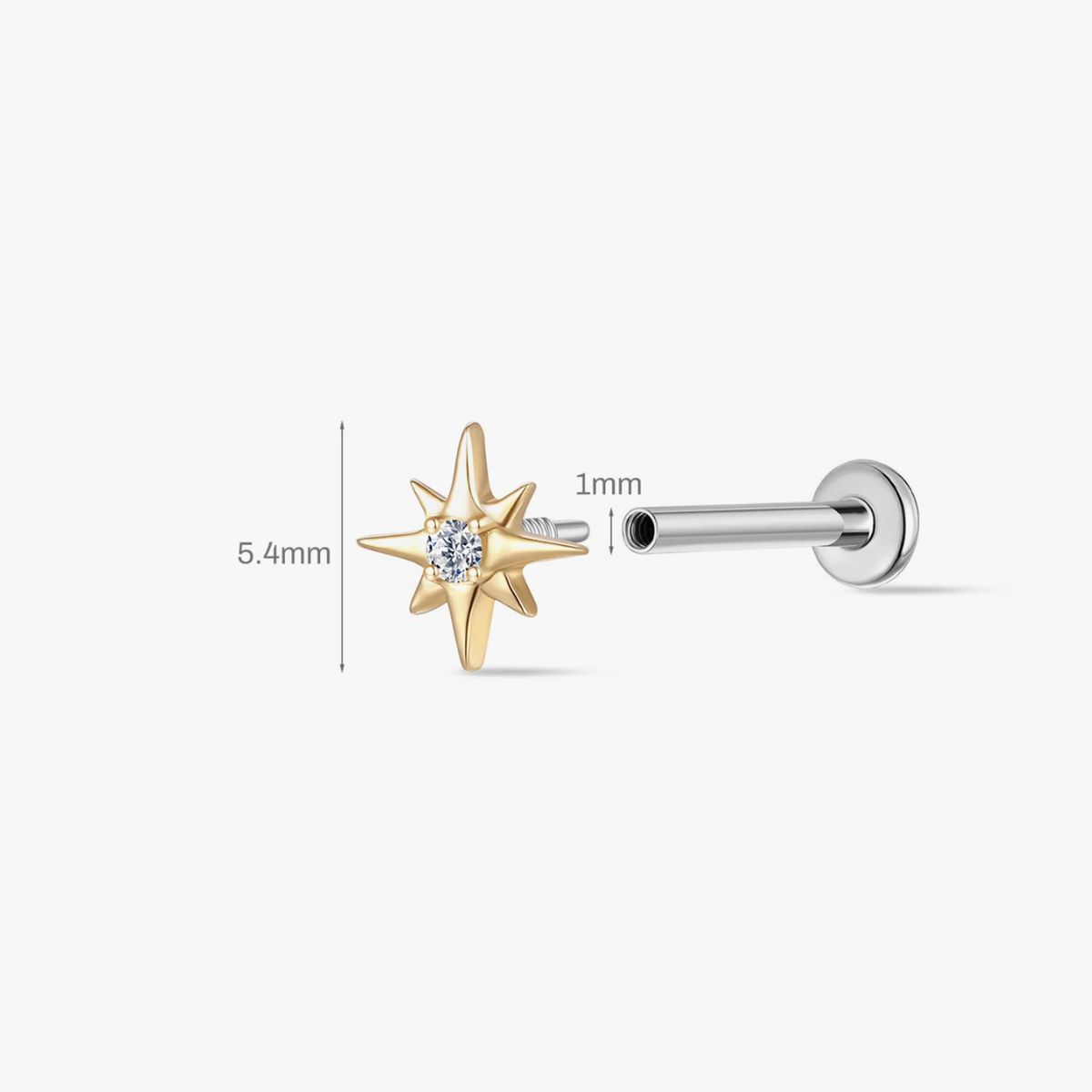 14K Solid Yellow Gold Starburst Gem Flat Back Stud & Titanium Post