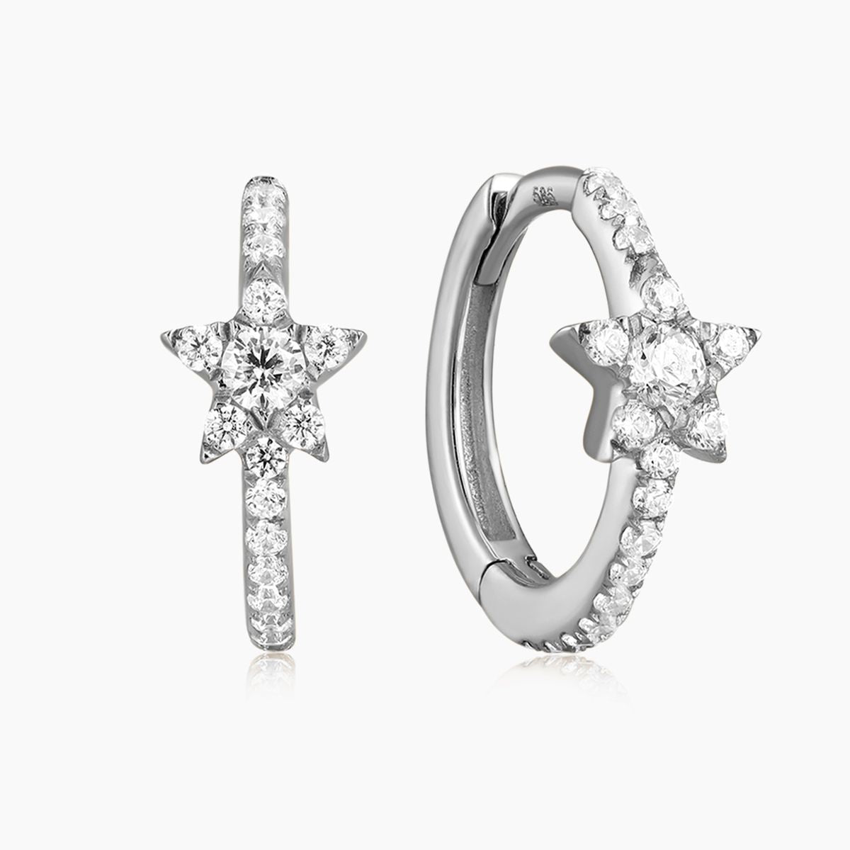 14K Solid White Gold Starburst Pavé Huggie Hoop