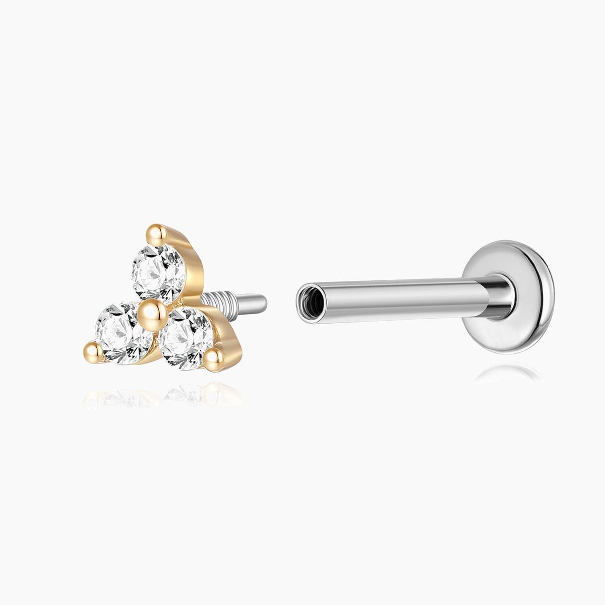 14K Solid Yellow Gold Triple Gem Flat Back Stud Piercing & Titanium Post