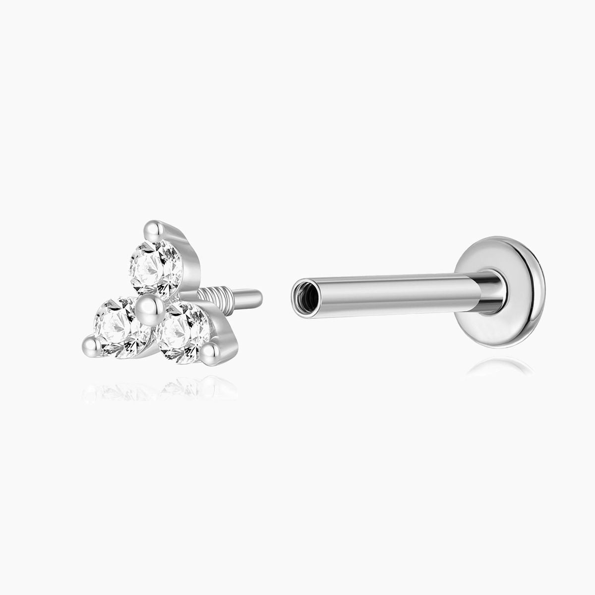 14K Solid White Gold Triple Gem Flat Back Stud & Titanium Post