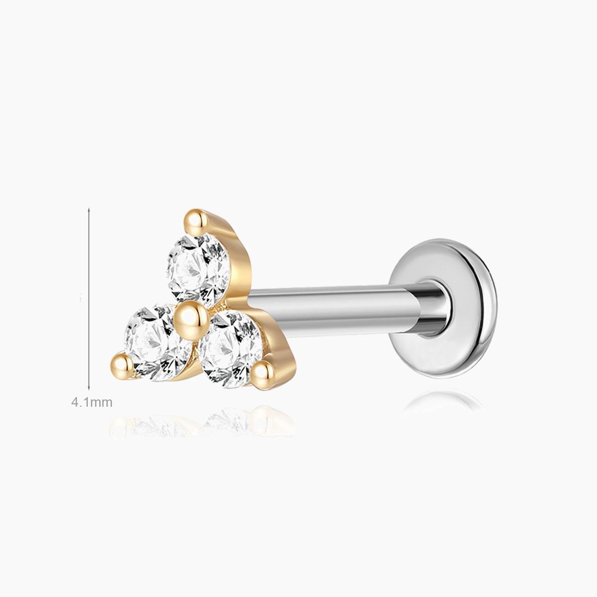 14K Solid Yellow Gold Triple Gem Flat Back Stud Piercing & Titanium Post