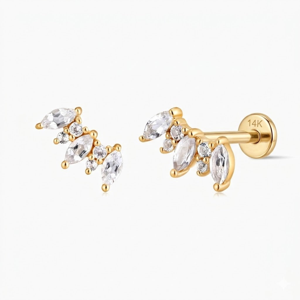 14K Solid Yellow Gold Marquise Cluster Flat Back Stud & Solid Gold Post
