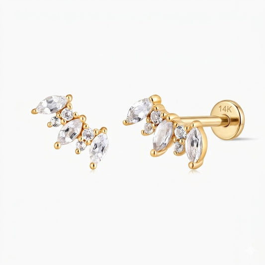 14K Solid Yellow Gold Marquise Cluster Flat Back Stud & Solid Gold Post
