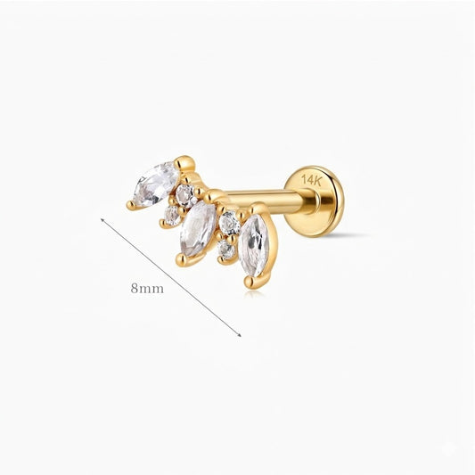 14K Solid Yellow Gold Marquise Cluster Flat Back Stud & Solid Gold Post