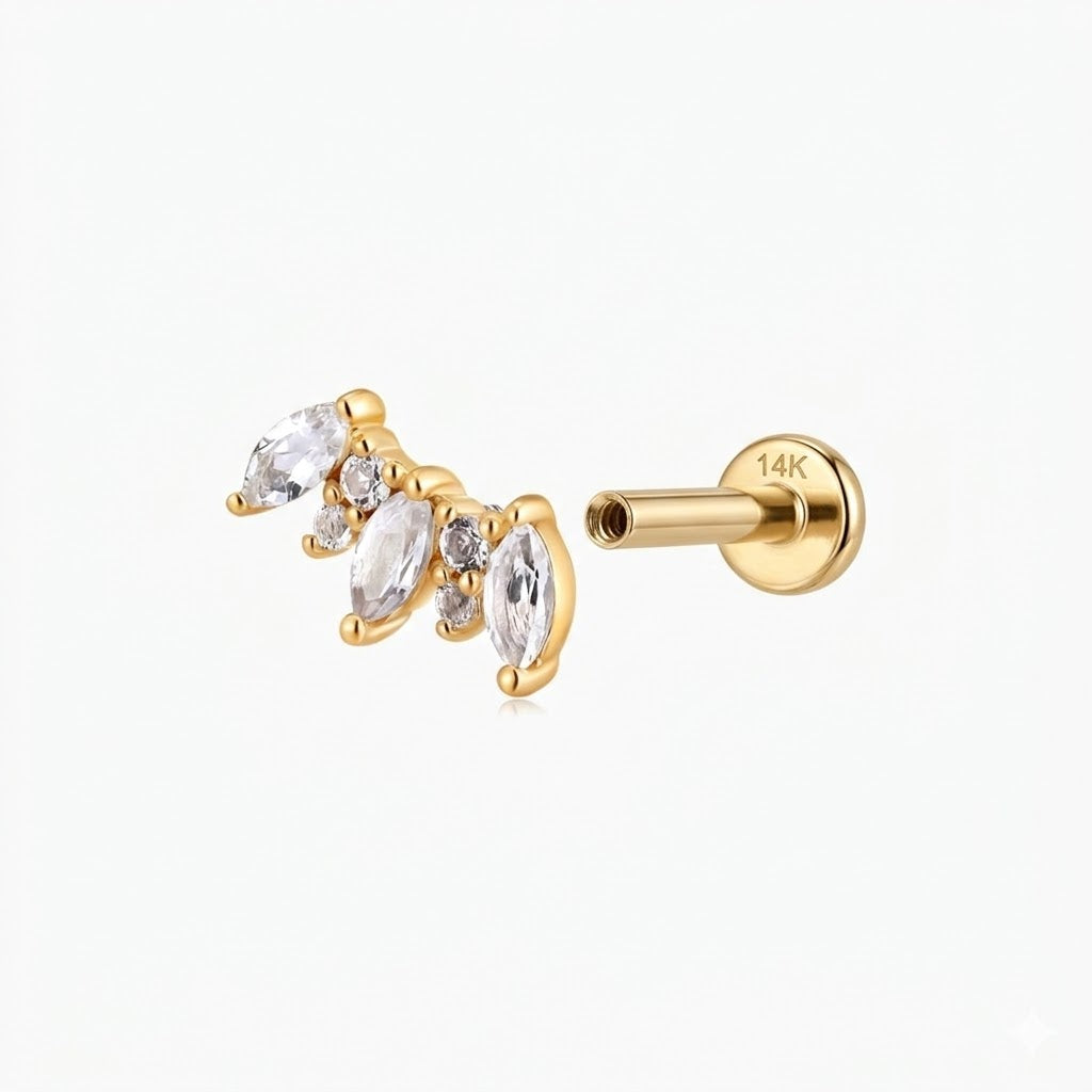 14K Solid Yellow Gold Marquise Cluster Flat Back Stud & Solid Gold Post