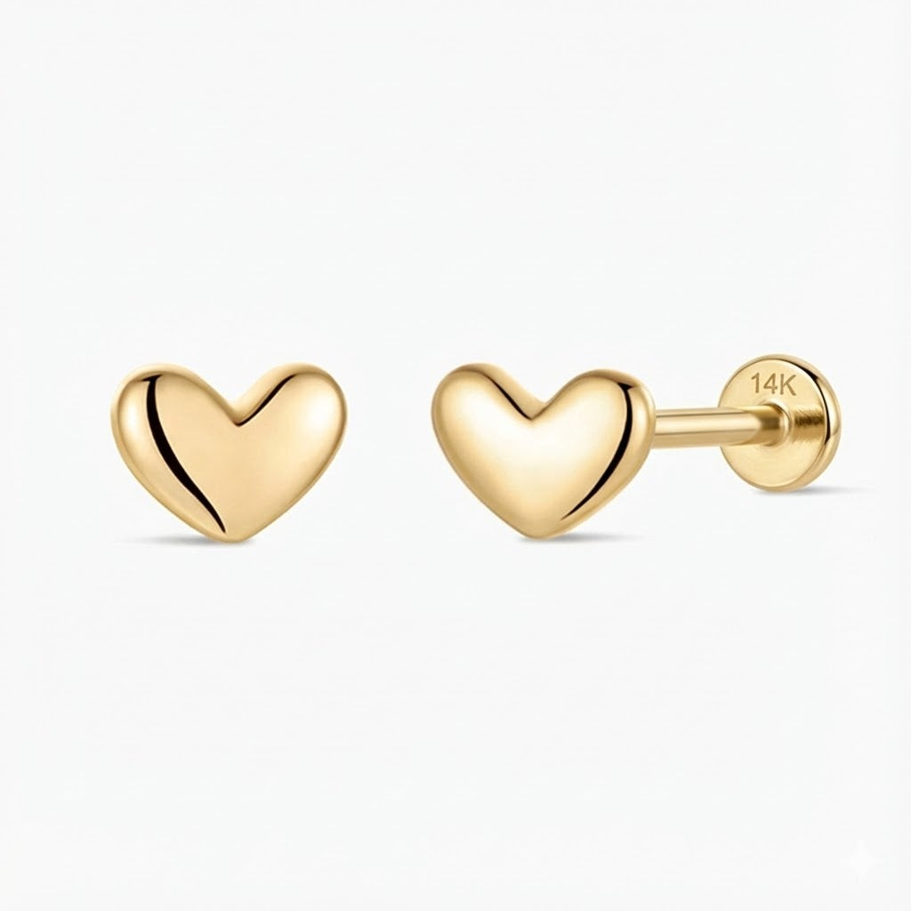 14K Solid Yellow Gold Mini Heart Flat-Back Stud & Solid Gold Post
