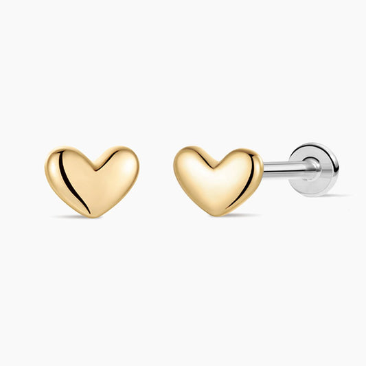 14K Solid Yellow Gold Mini Heart Flat-Back Stud & Titanium Post