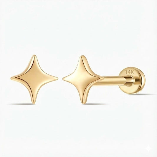 14K Solid Yellow Gold Smooth Star Flat Back Stud & Solid Gold Post