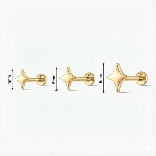 14K Solid Yellow Gold Smooth Star Flat Back Stud & Solid Gold Post