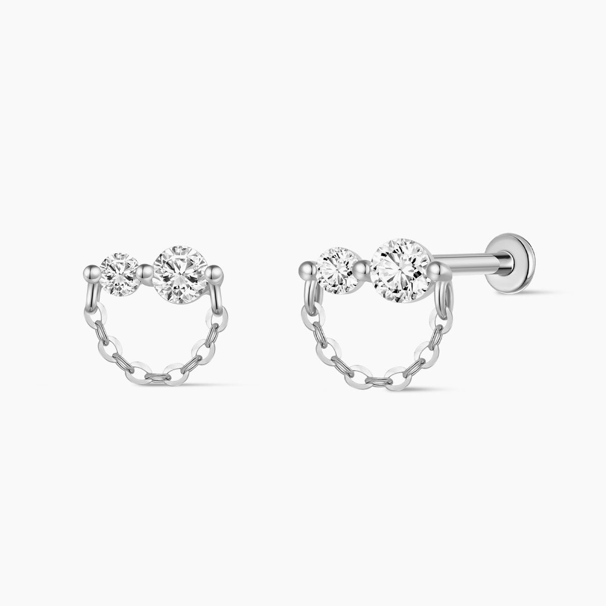 14K White Gold Dual Stone Chain Flat Back Stud & Titanium Post