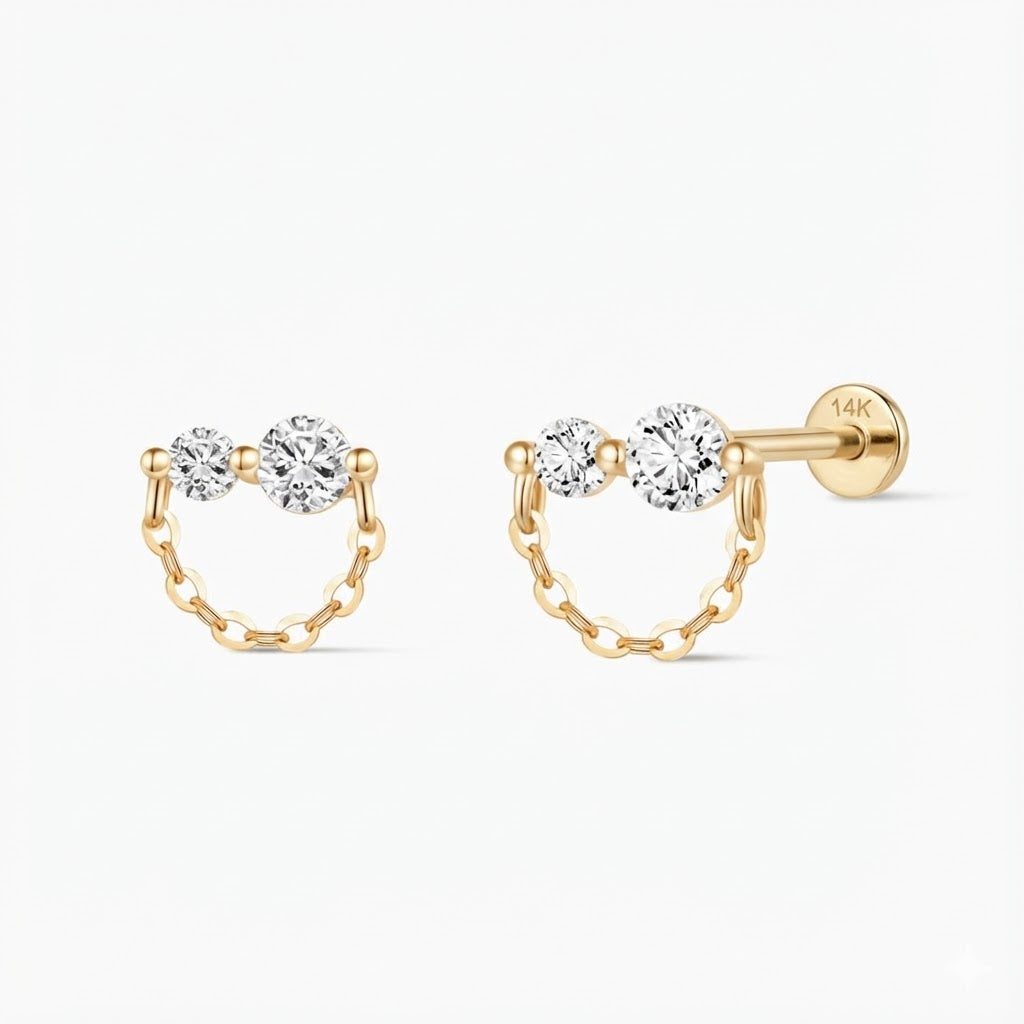 14K Yellow Gold Dual Stone Chain Flat Back Stud & Solid Gold Post