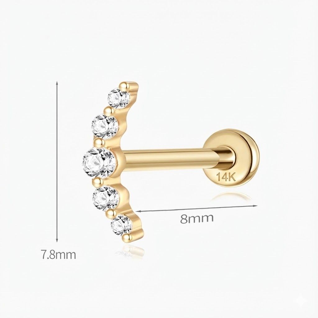 14K Solid Yellow Gold Crescent Arc Stud Flatback & Solid Gold Post