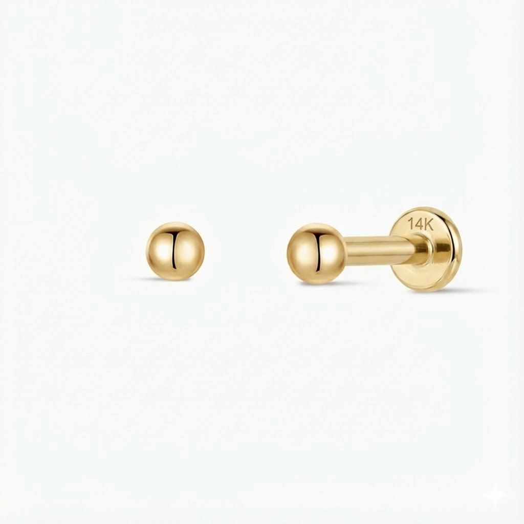 Aunyra- 14K Solid Yellow Gold Minimalist Ball Flat Back Stud & Solid Gold Post