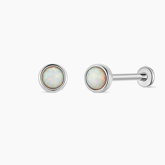 14K Solid White Gold Minimal  Opal Flat Back Stud & Titanium Post