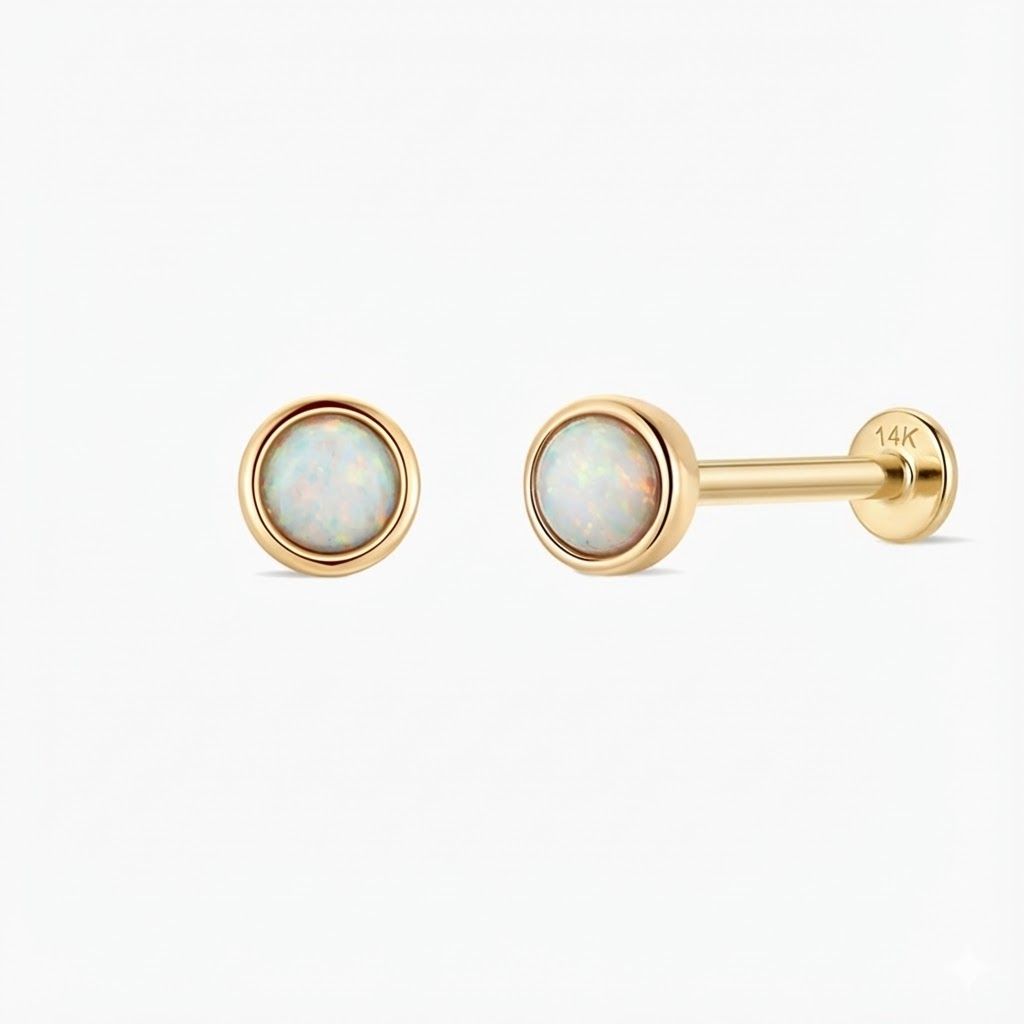 14K Solid Yellow Gold Minimal Opal Flat Back Stud & Solid Gold Post