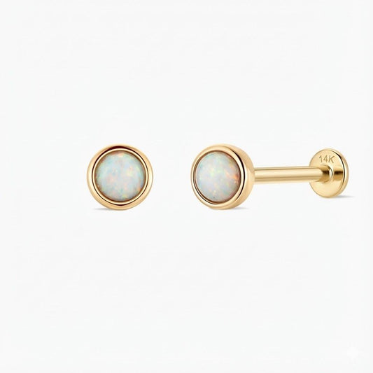 14K Solid Yellow Gold Minimal Opal Flat Back Stud & Solid Gold Post