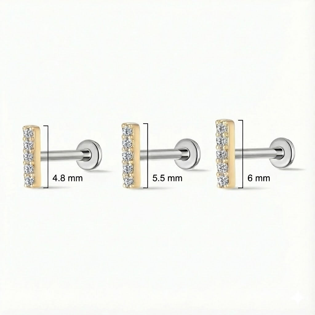 Aunyra- 14K Solid Yellow Gold Vertical Pavé Bar Flat Back Stud & Titanium Post