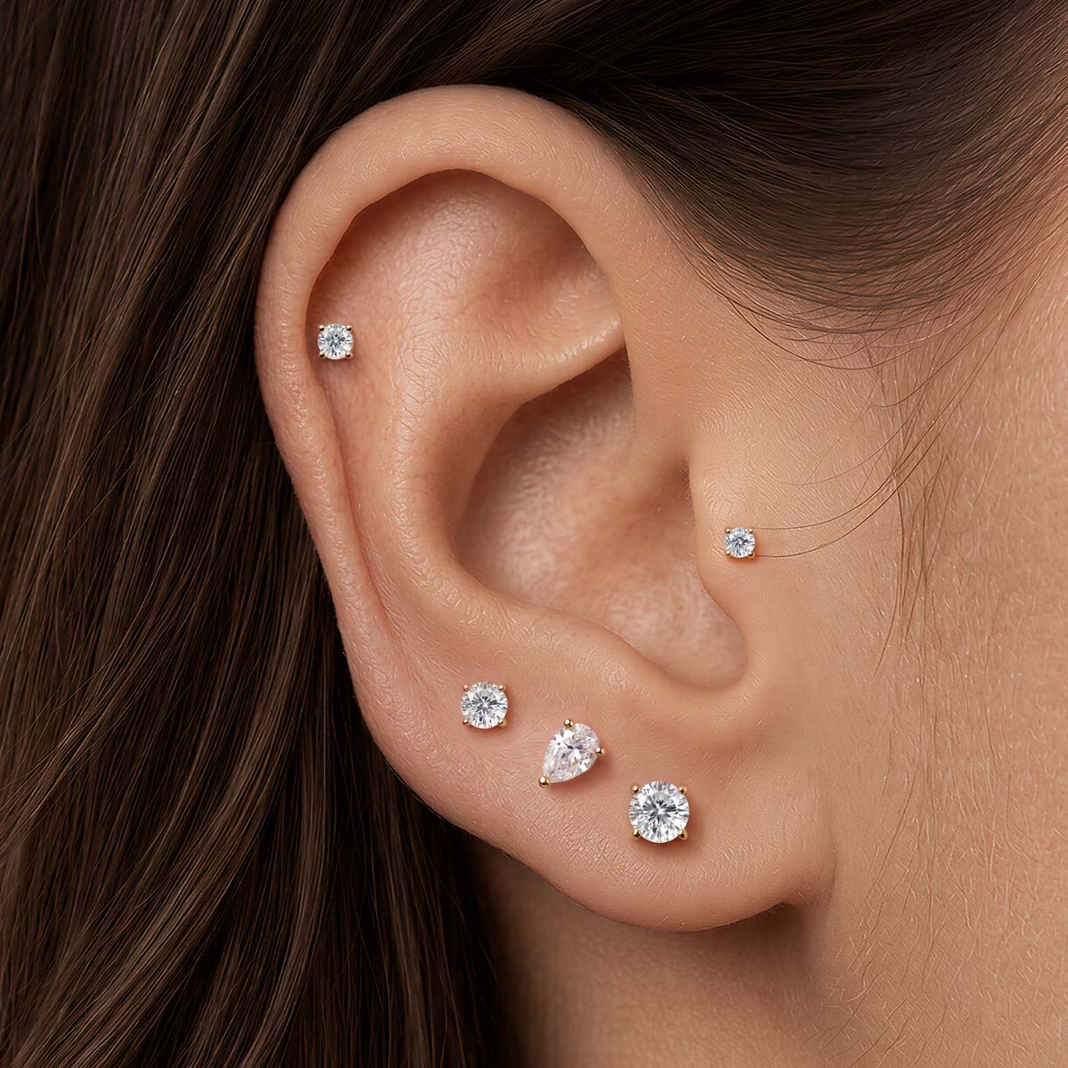 Classic 4-Prong Setting studs styled in an ear piercing stack