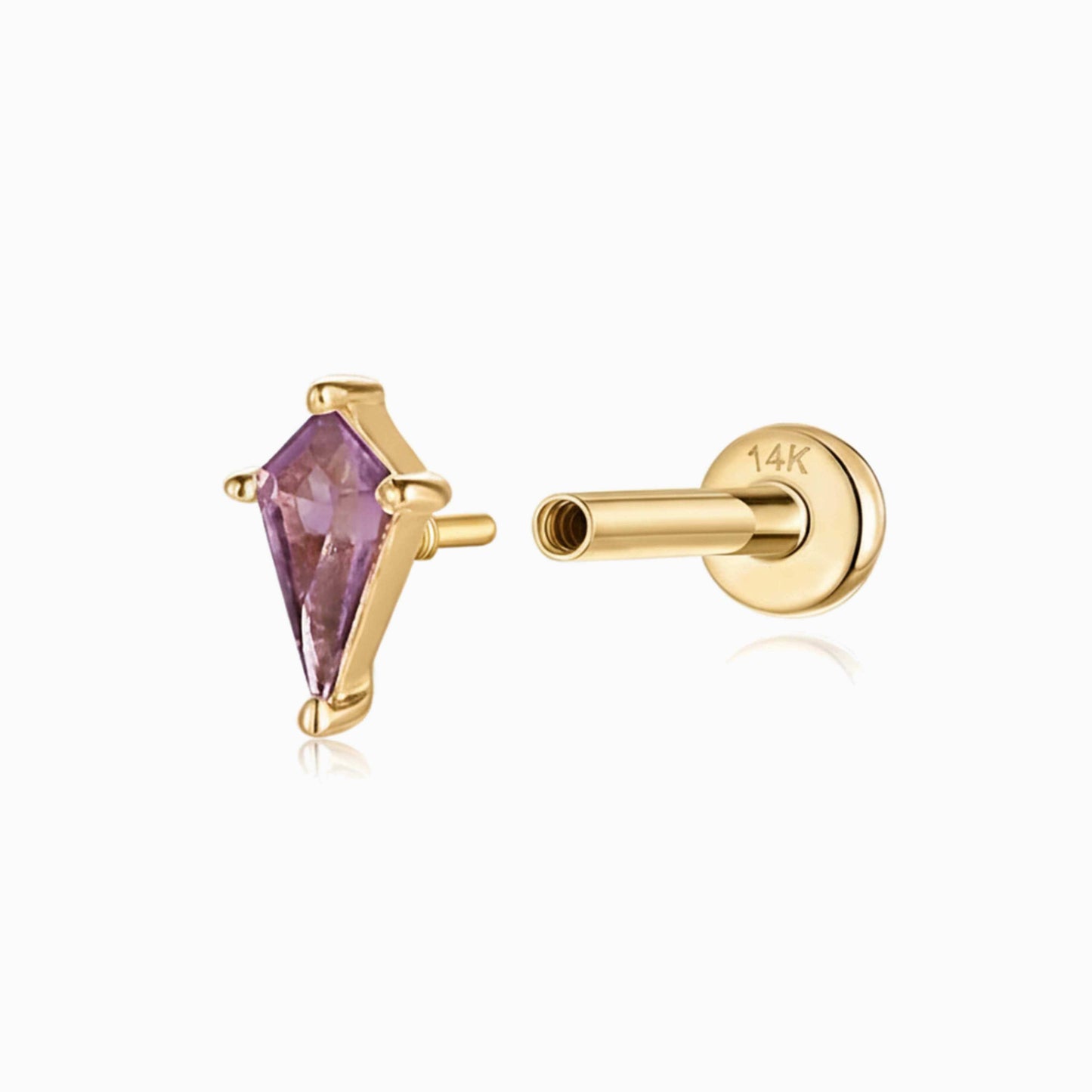 14K Solid Yellow Gold Amethyst Kite Flat Back Stud & Solid Gold Post