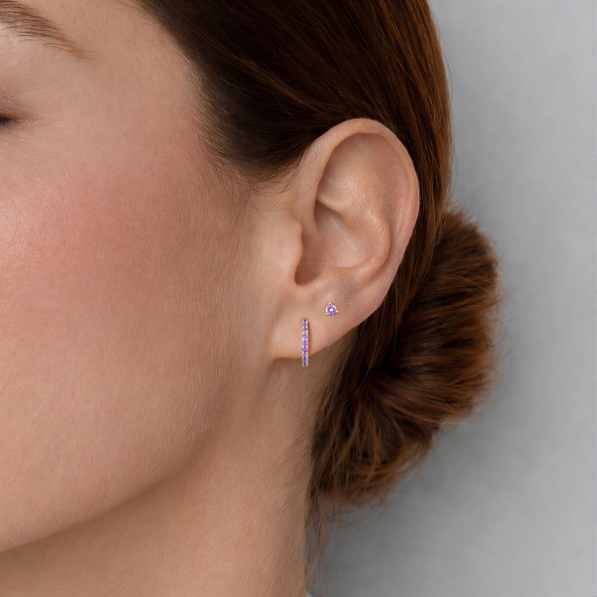 14K Yellow Gold February Amethyst Flat Back Stud & Solid Gold Post