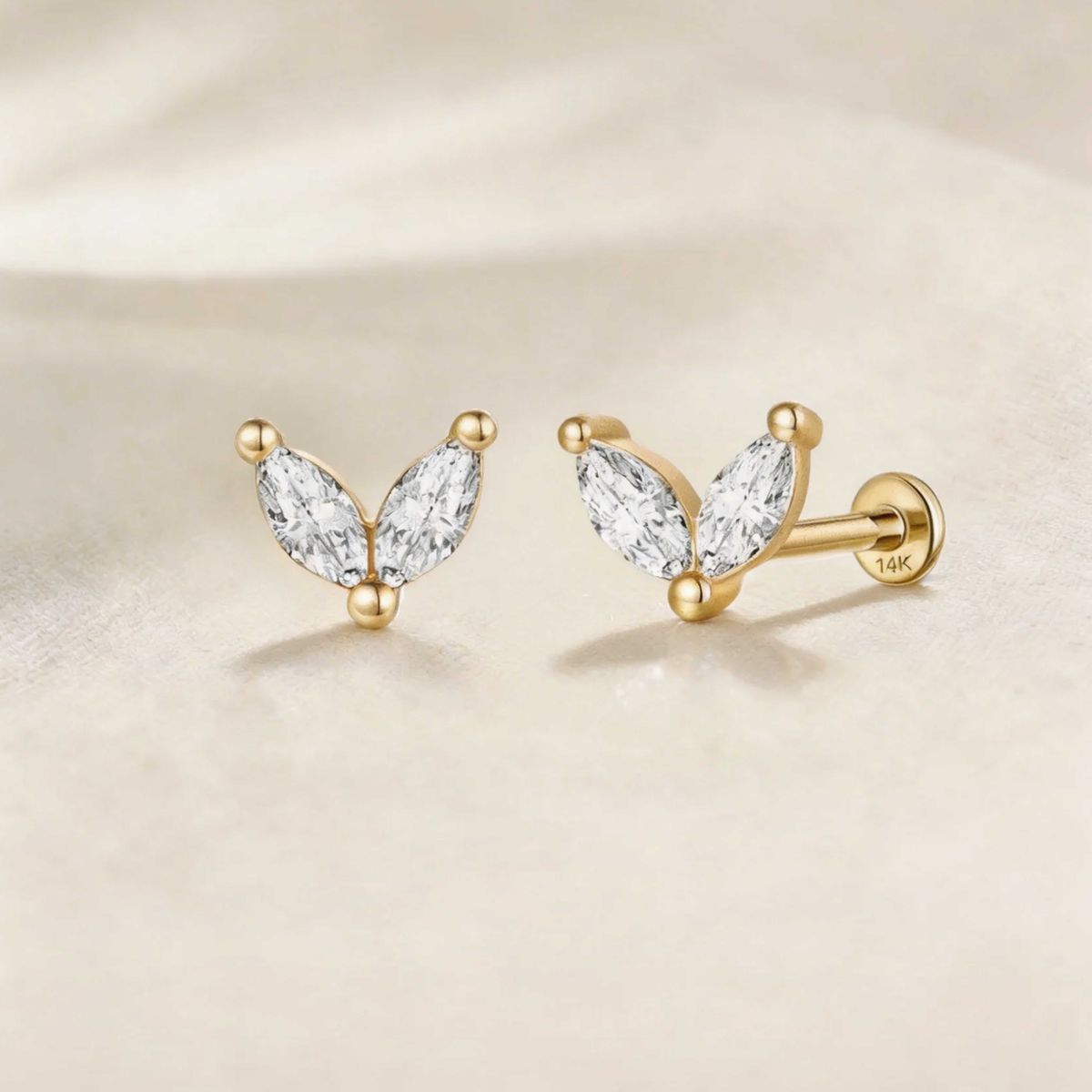 14K Solid Yellow Gold Marquise Duo Flat Back Stud & Solid Gold Post
