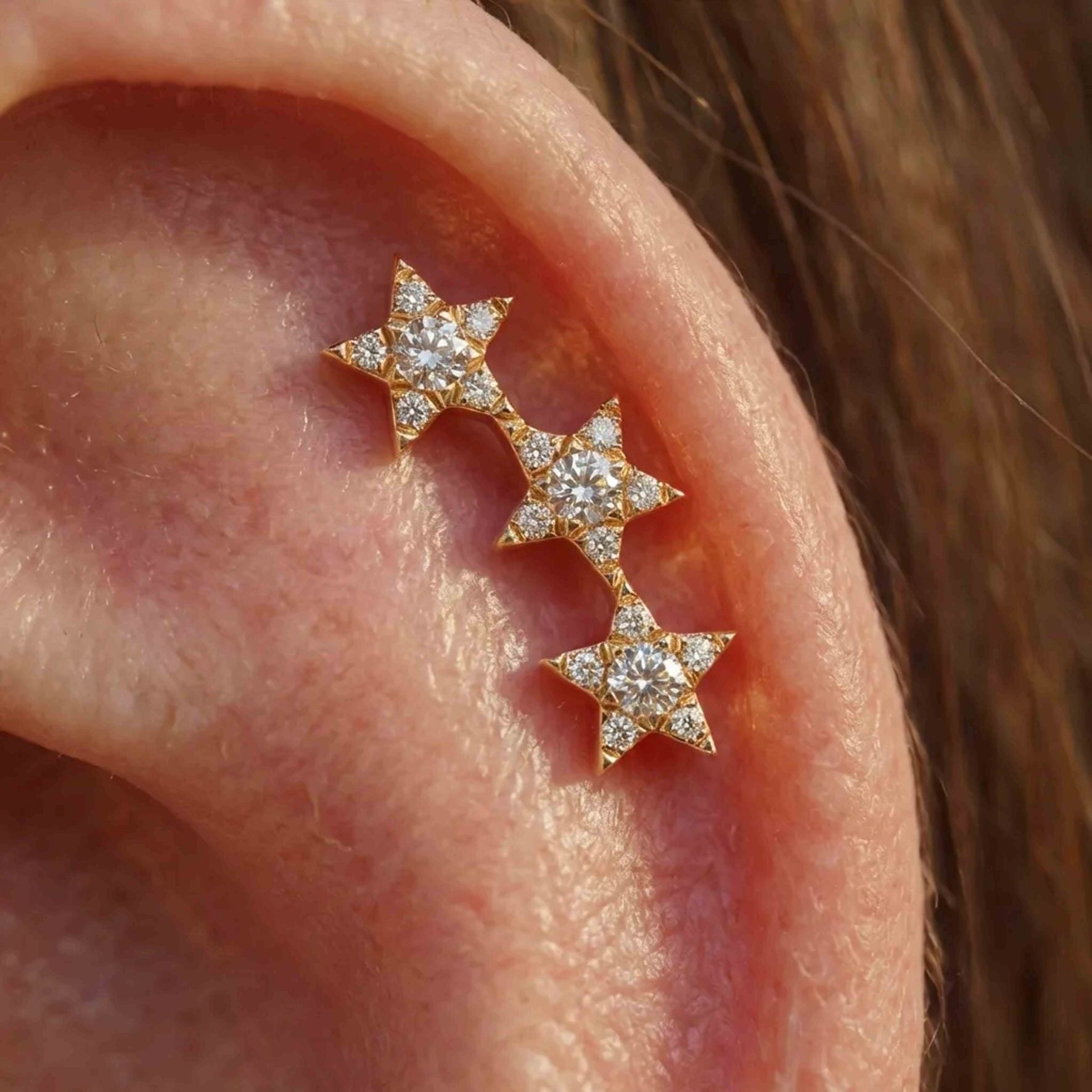 Aunyra- 14K Solid Yellow Gold Triple Star Flat Back Stud & Titanium Post