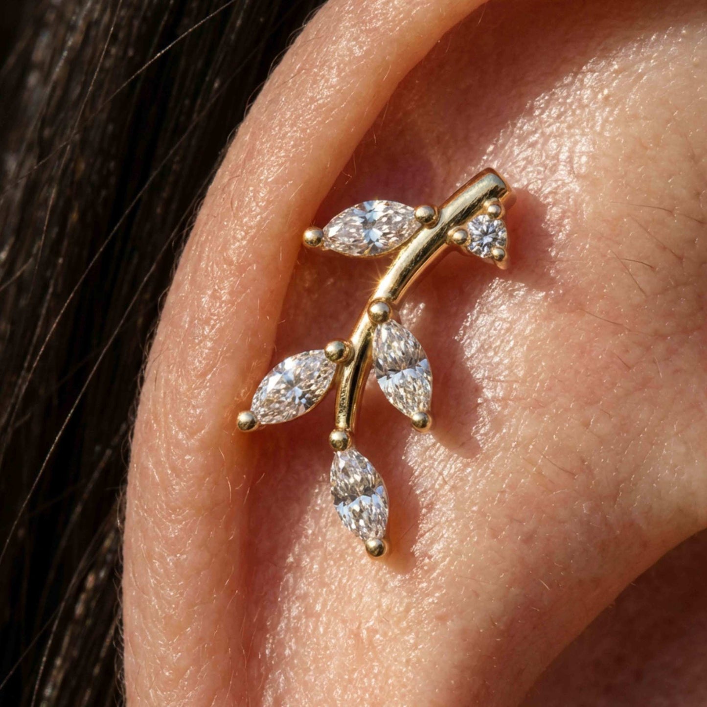 Aunyra- 14K Solid Yellow Gold Leaf Branch Flat-Back Stud & Solid Gold Post