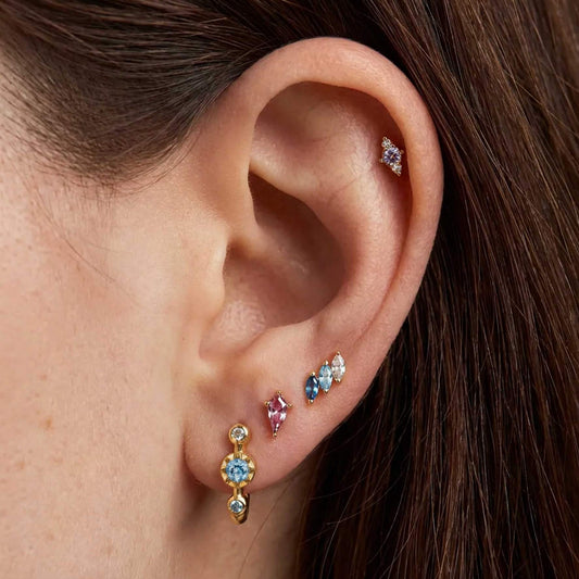 Aunyra- 14K Solid Yellow Gold Blue Spinel Triple Marquise Flat Back Stud & Titanium Post