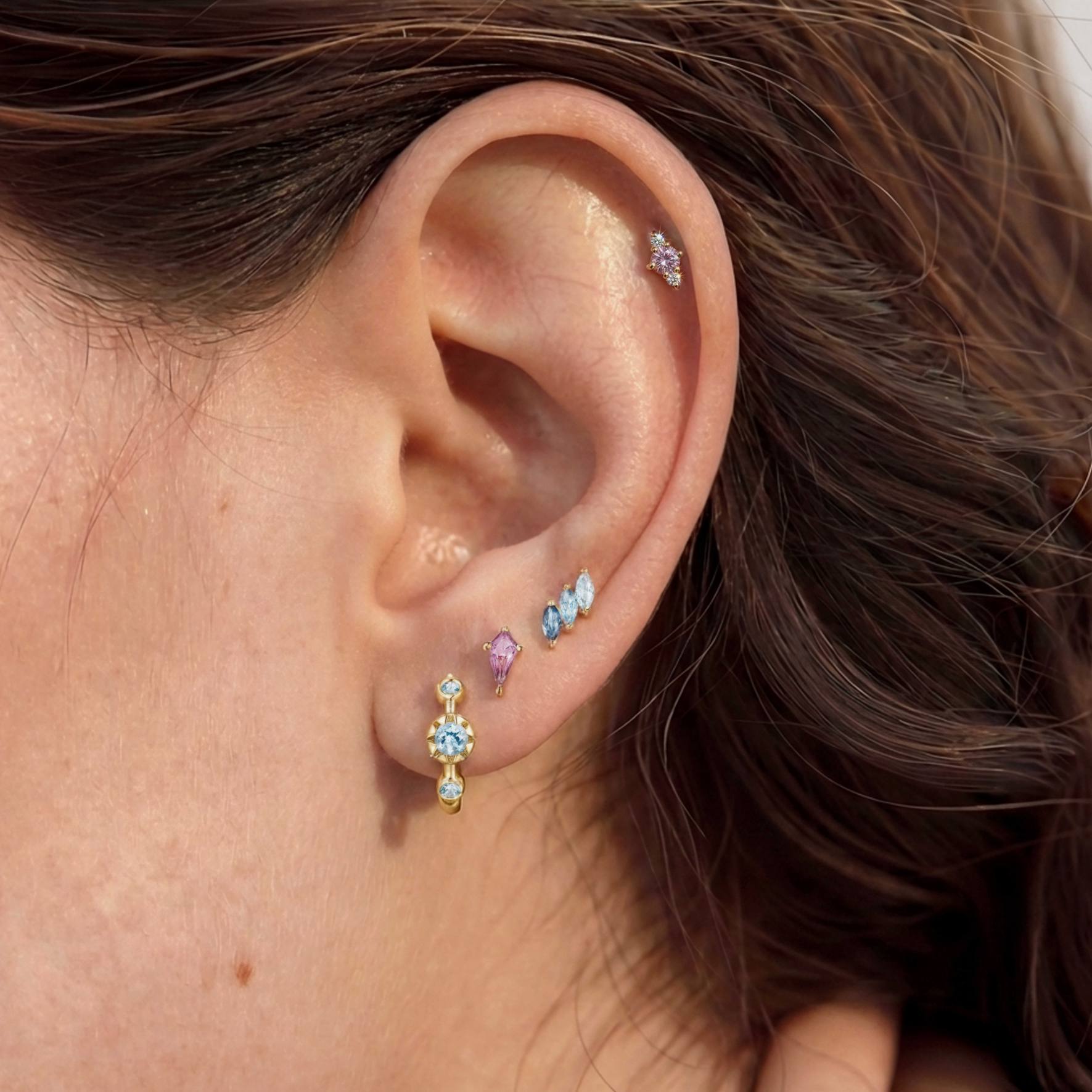 Aunyra- 14K Solid Yellow Gold Pink Sapphire Cluster Flat Back Stud & Solid Gold Post