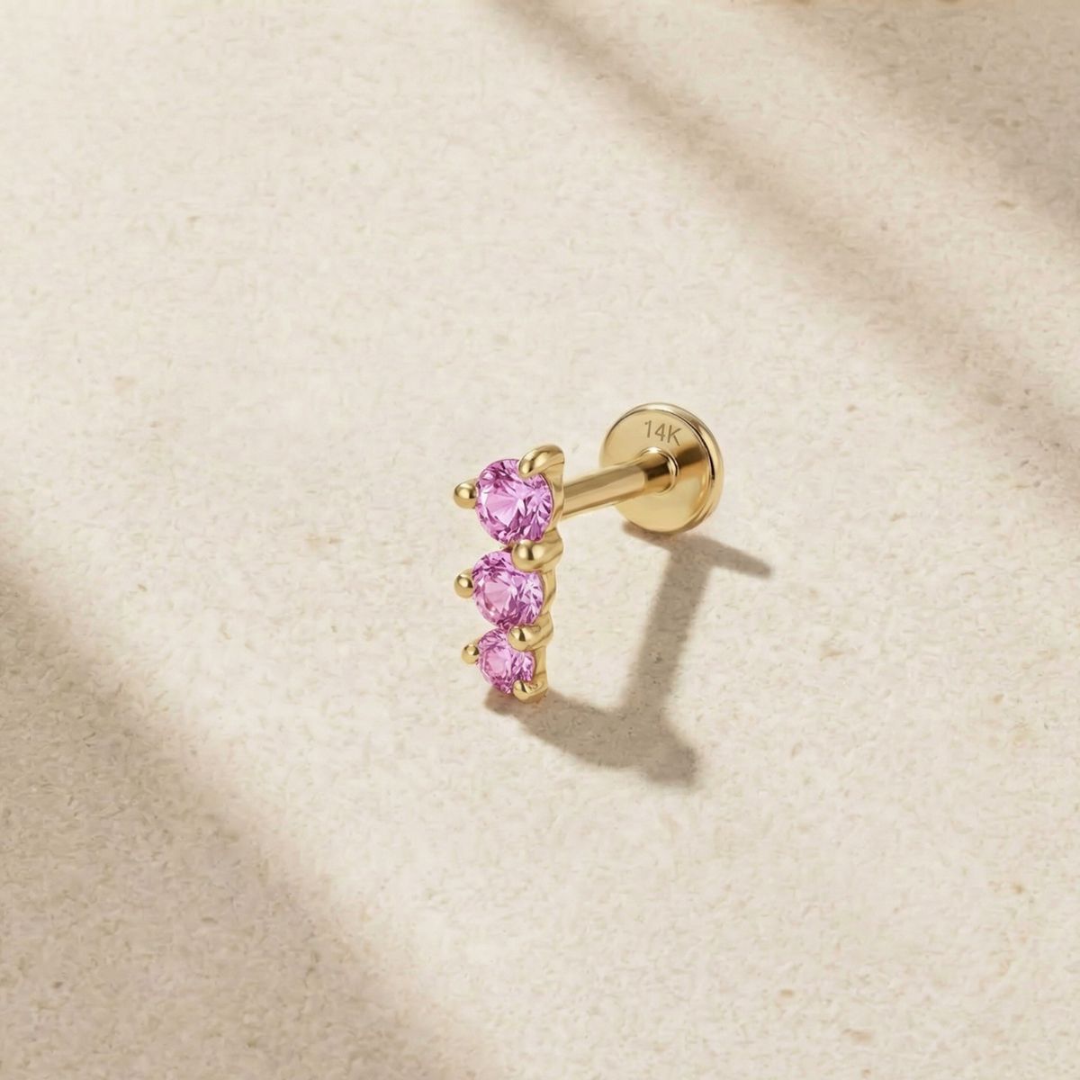 Aunyra- 14K Solid Yellow Gold Pink Round Ruby Vertical Bar Flat Back & Solid Gold Post