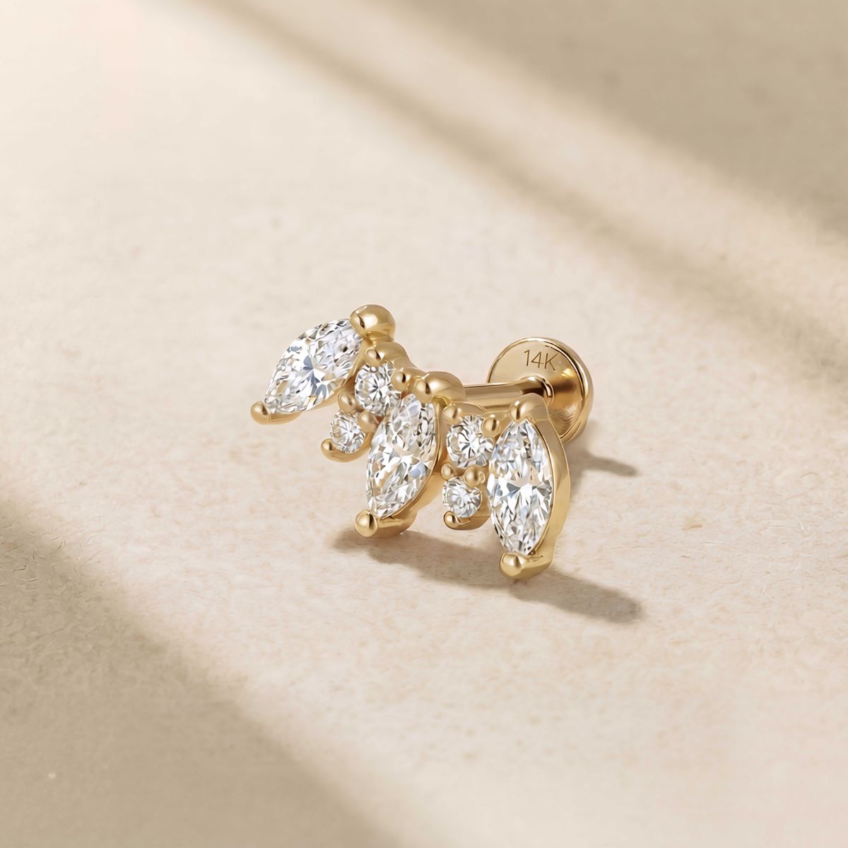 Aunyra- 14K Solid Yellow Gold Marquise Cluster Flat Back Stud & Solid Gold Post