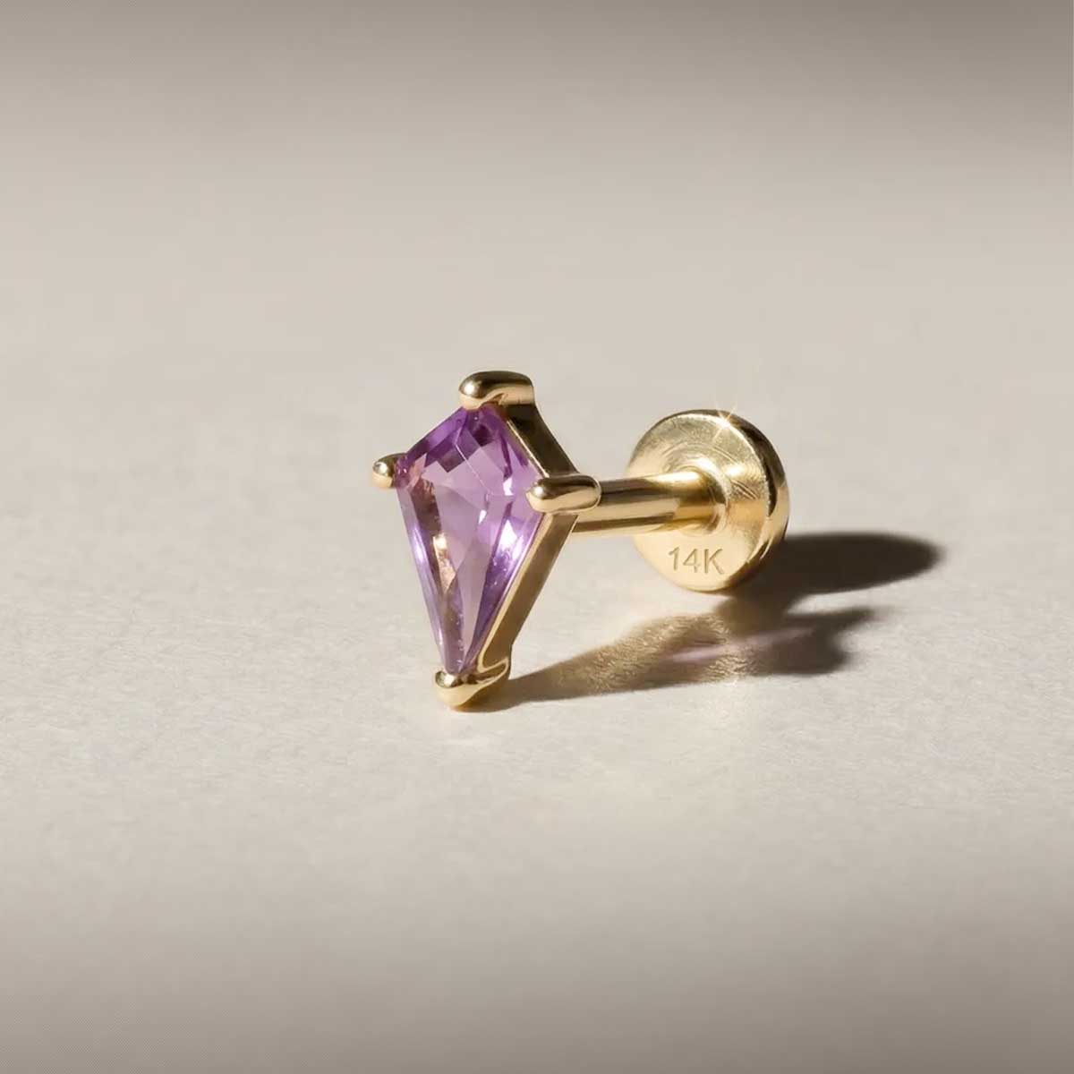 Aunyra- 14K Solid Yellow Gold Amethyst Kite Flat Back Stud & Solid Gold Post