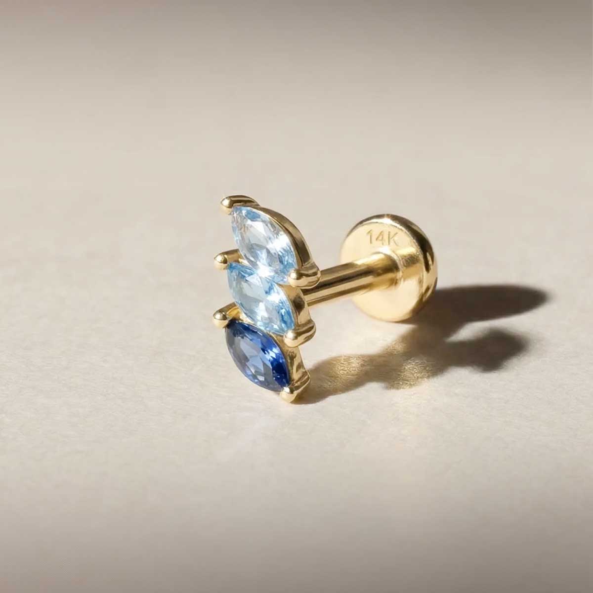 Aunyra- 14K Solid Yellow Gold Blue Spinel Triple Marquise Flat Back Stud & Solid Gold Post