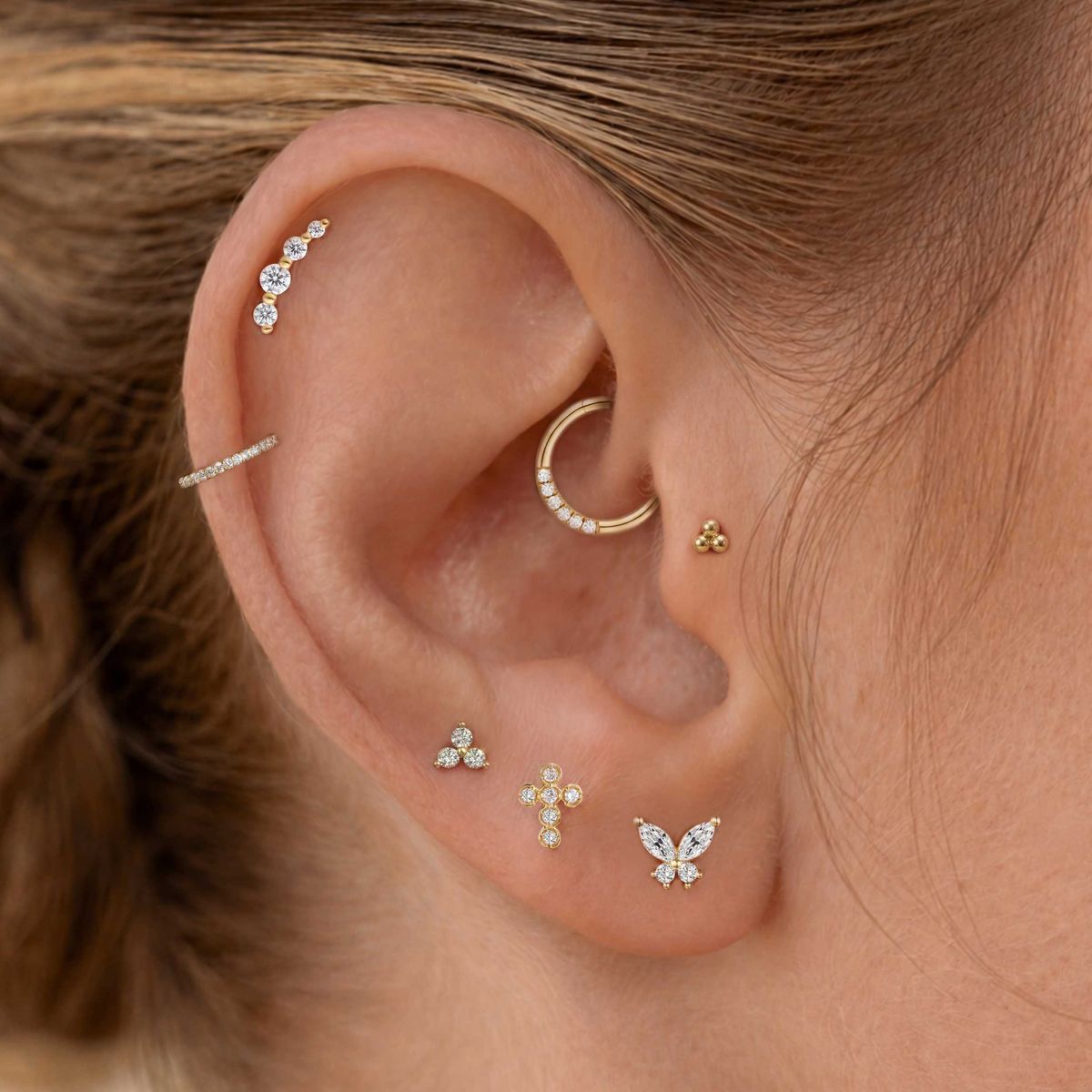 14K Solid Yellow Gold Three-Bead Flat Back Stud & Solid Gold Post - Photo 4 | AUNYRA