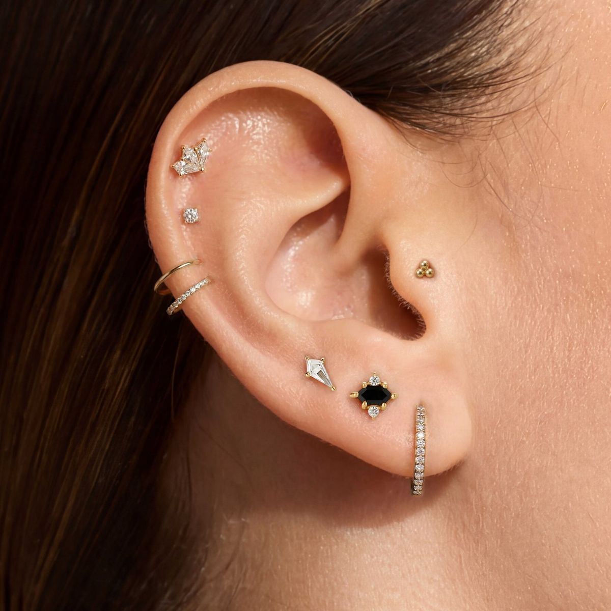 14K Solid Yellow Gold White Topaz Fan Flat Back Stud & Solid Gold Post - Photo 2 | AUNYRA