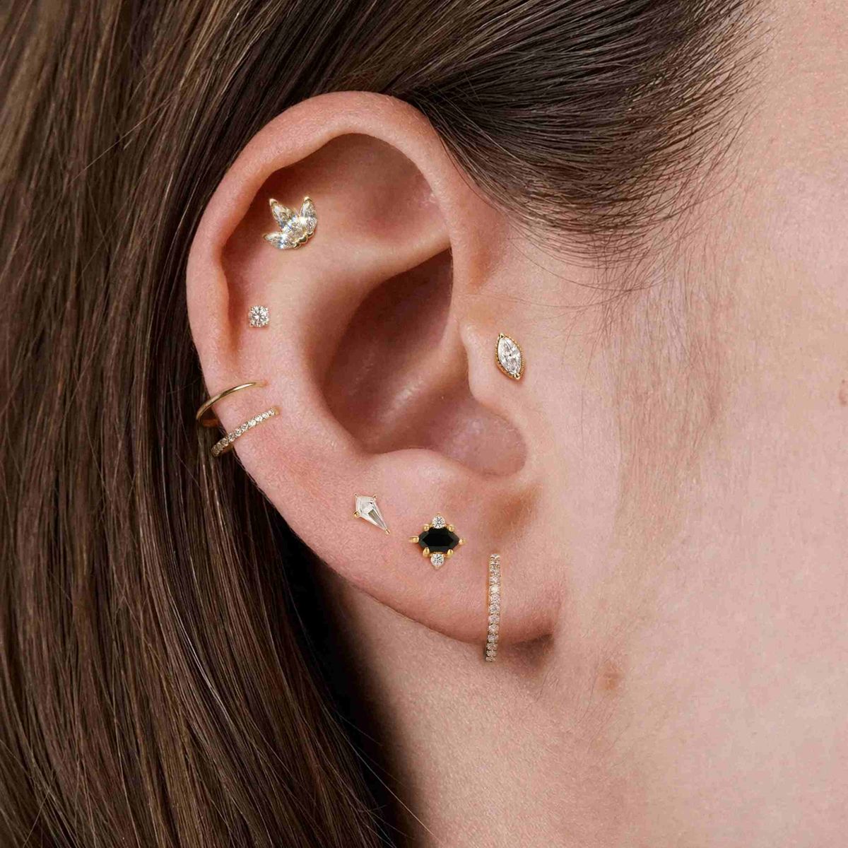 14K Solid Yellow Gold Triple Marquise Stud Flat Back & Solid Gold Post - Photo 2 | AUNYRA