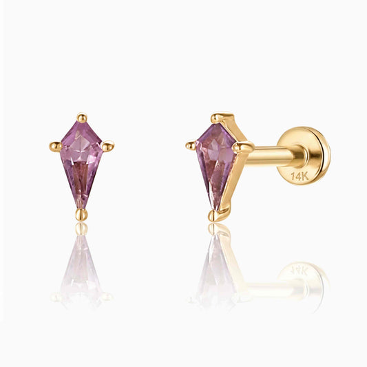 14K Solid Yellow Gold Amethyst Kite Flat Back Stud & Solid Gold Post