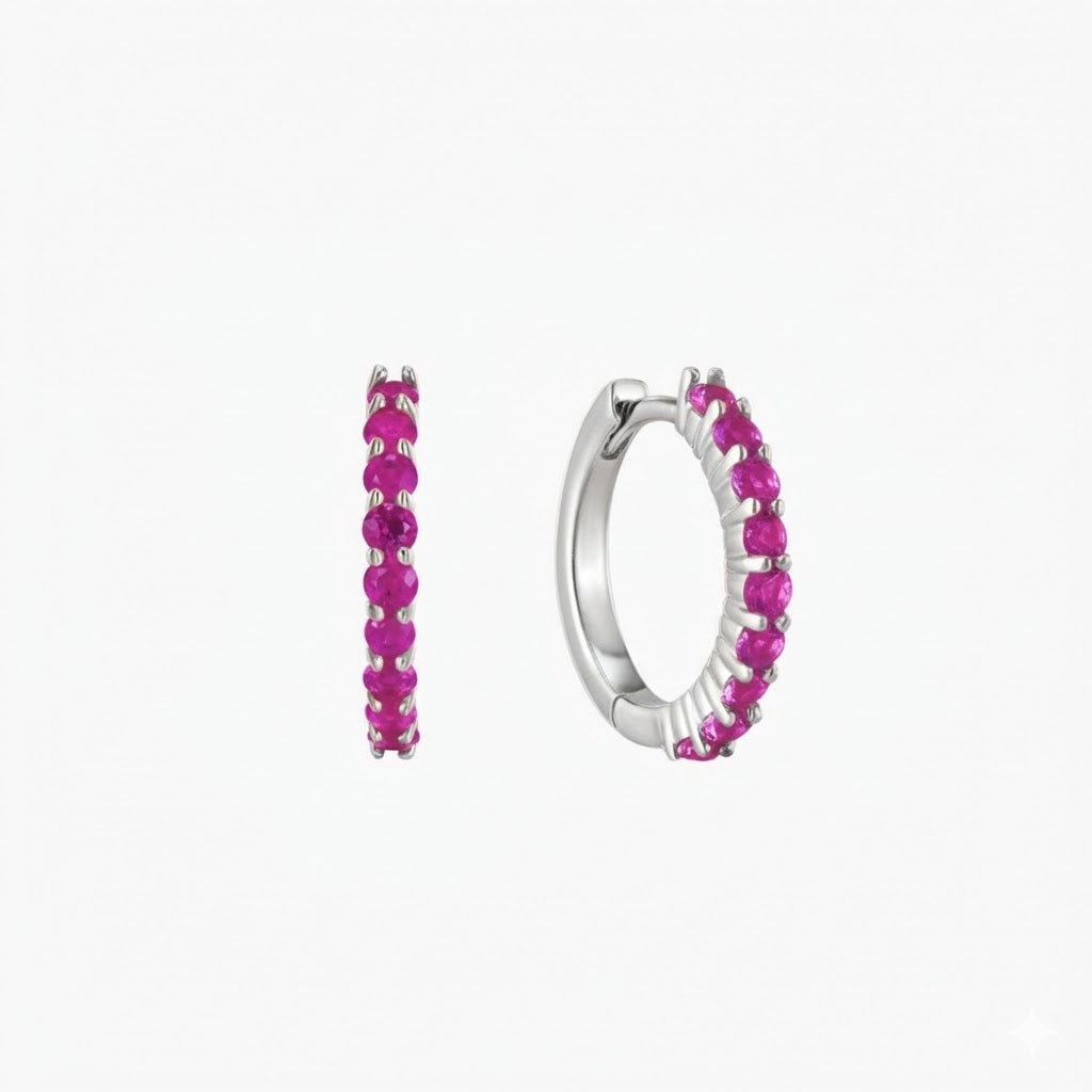 14K White Gold July Ruby Birthstone Clicker Hoop