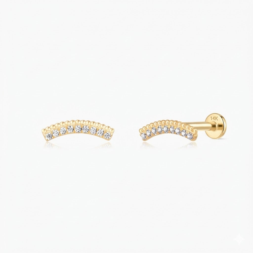 14K Solid Yellow Gold Arc Pavé Flat-Back Stud & Solid Gold Post