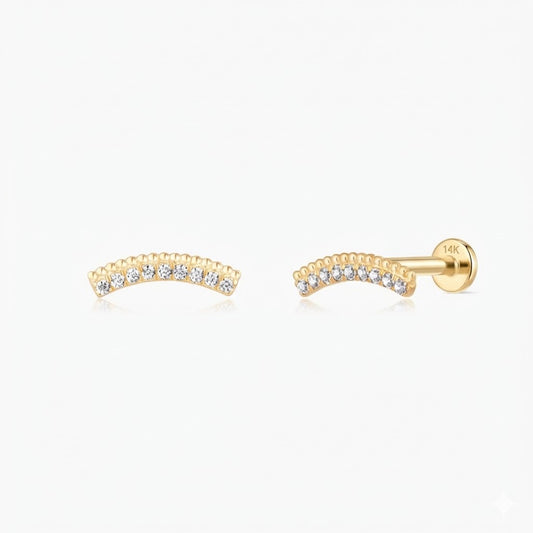 14K Solid Yellow Gold Arc Pavé Flat-Back Stud & Solid Gold Post