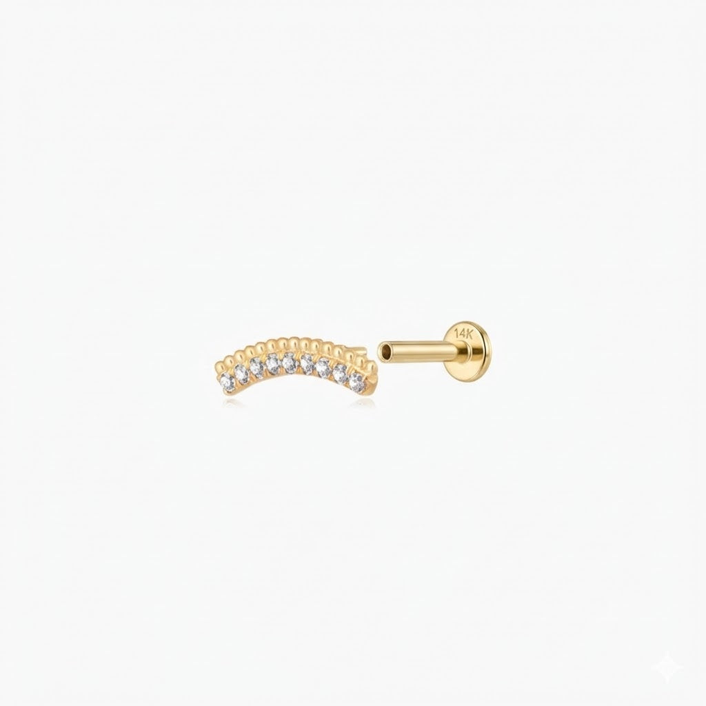 14K Solid Yellow Gold Arc Pavé Flat-Back Stud & Solid Gold Post