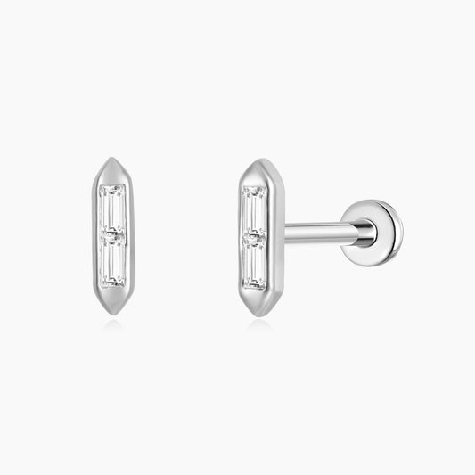 14K Solid White Gold Baguette Bar Flat Back Stud & Titanium Post