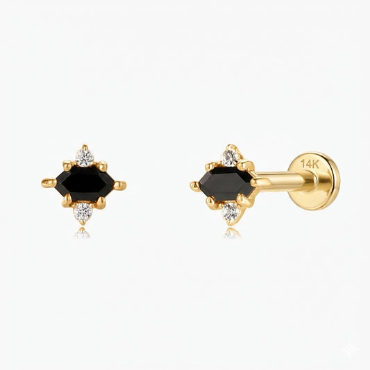 Pendientes de espinela negra con parte trasera plana y poste de oro macizo de 14 quilates