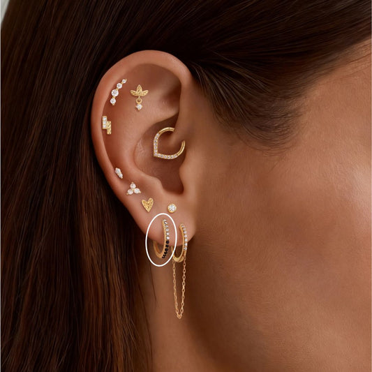 14K Solid Yellow Gold Black & White Pavé Huggie Hoop Earring