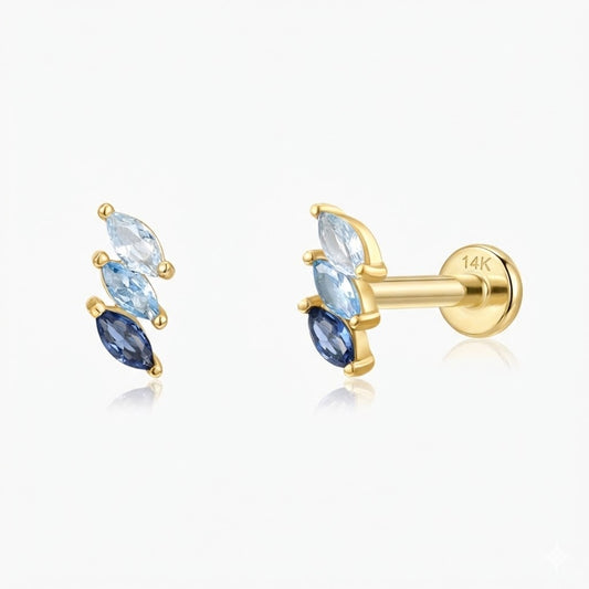 14K Solid Yellow Gold Blue Spinel Triple Marquise Flat Back Stud & Solid Gold Post