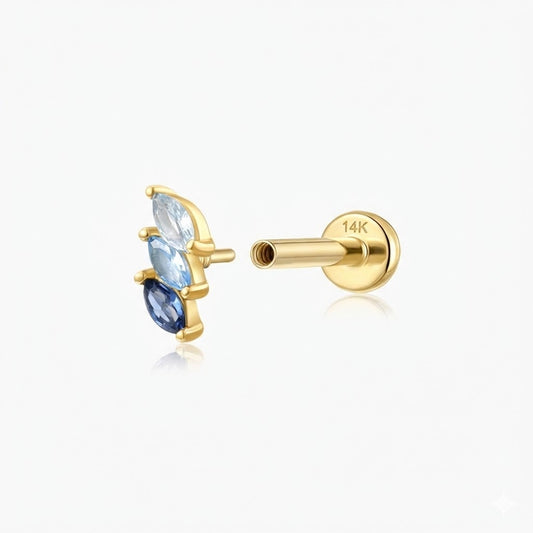 14K Solid Yellow Gold Blue Spinel Triple Marquise Flat Back Stud & Solid Gold Post
