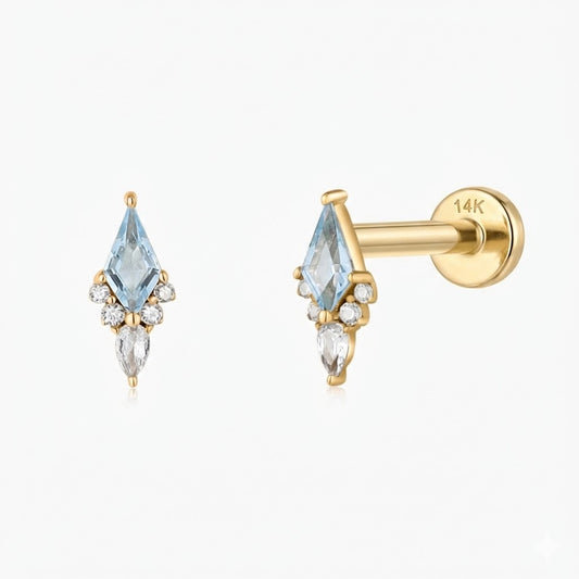 14K Solid Yellow Gold Blue Topaz Flat Back Stud & Solid Gold Post