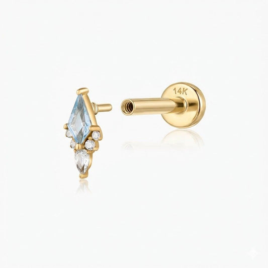14K Solid Yellow Gold Blue Topaz Flat Back Stud & Solid Gold Post