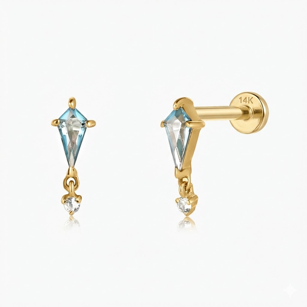 14K Solid Yellow Gold Blue Topaz Drop Flat Back Stud & Solid Gold Post